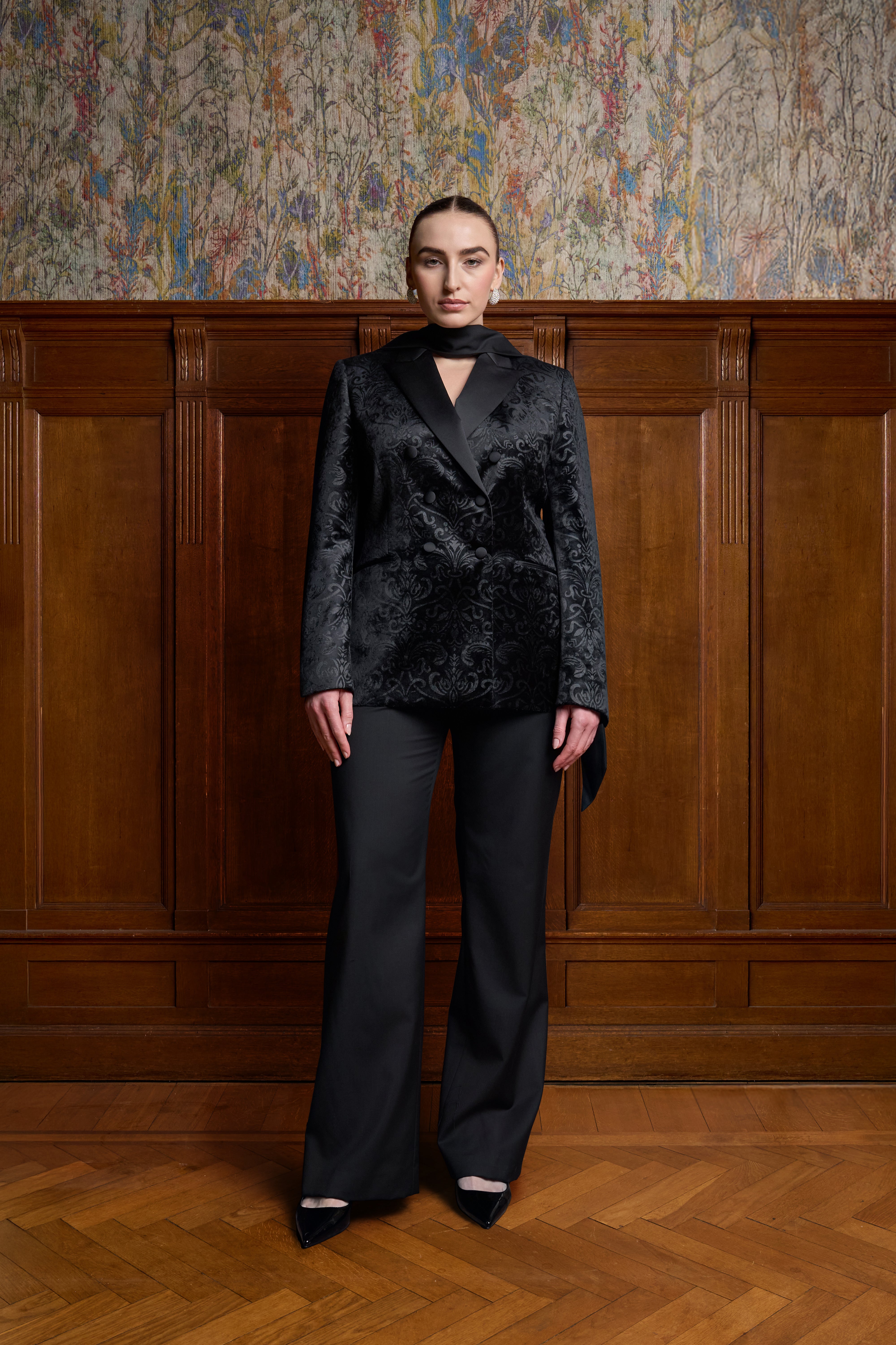 Zwarte double breasted velvet blazer met patroon