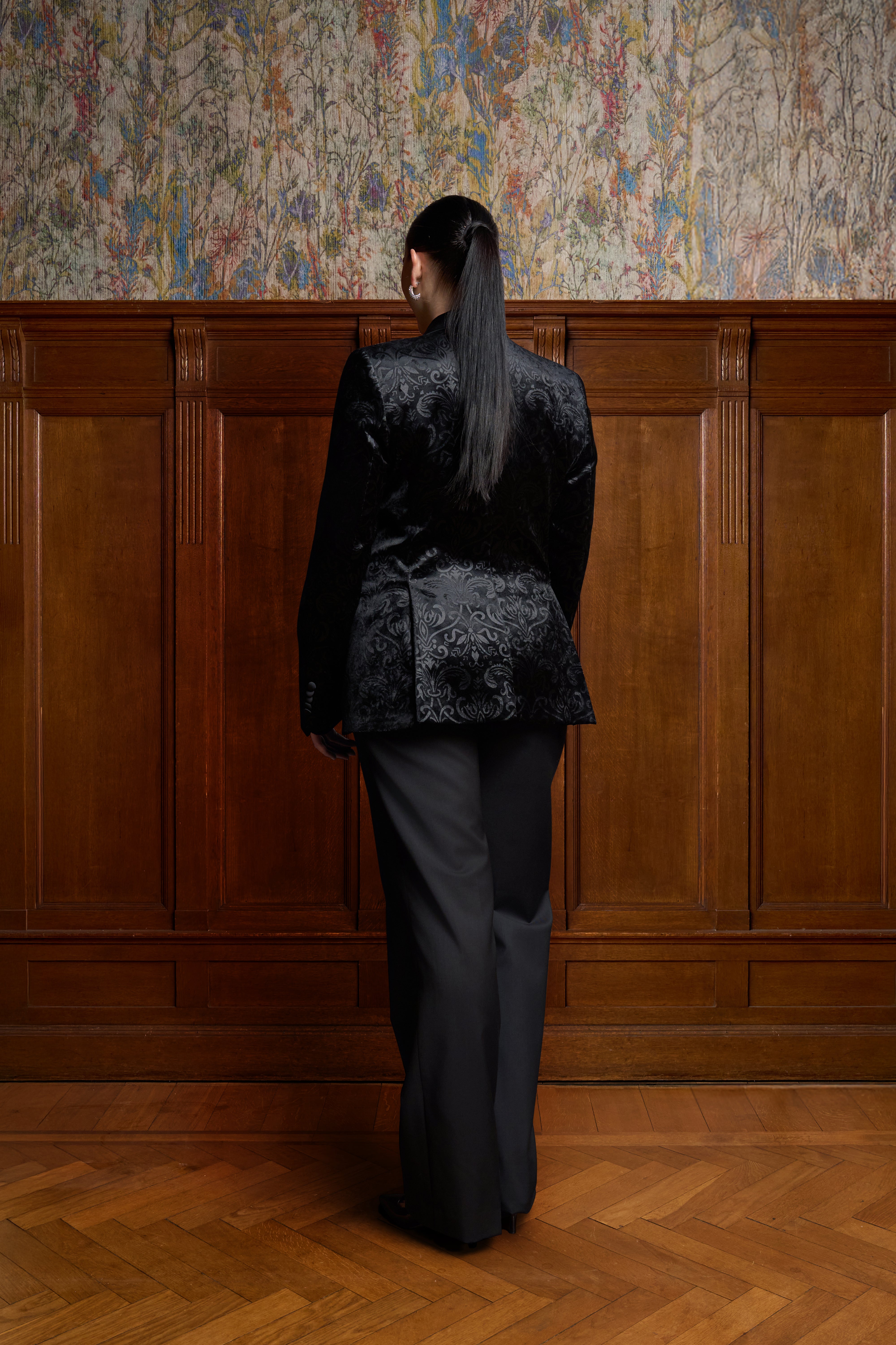 Zwarte double breasted velvet blazer met patroon