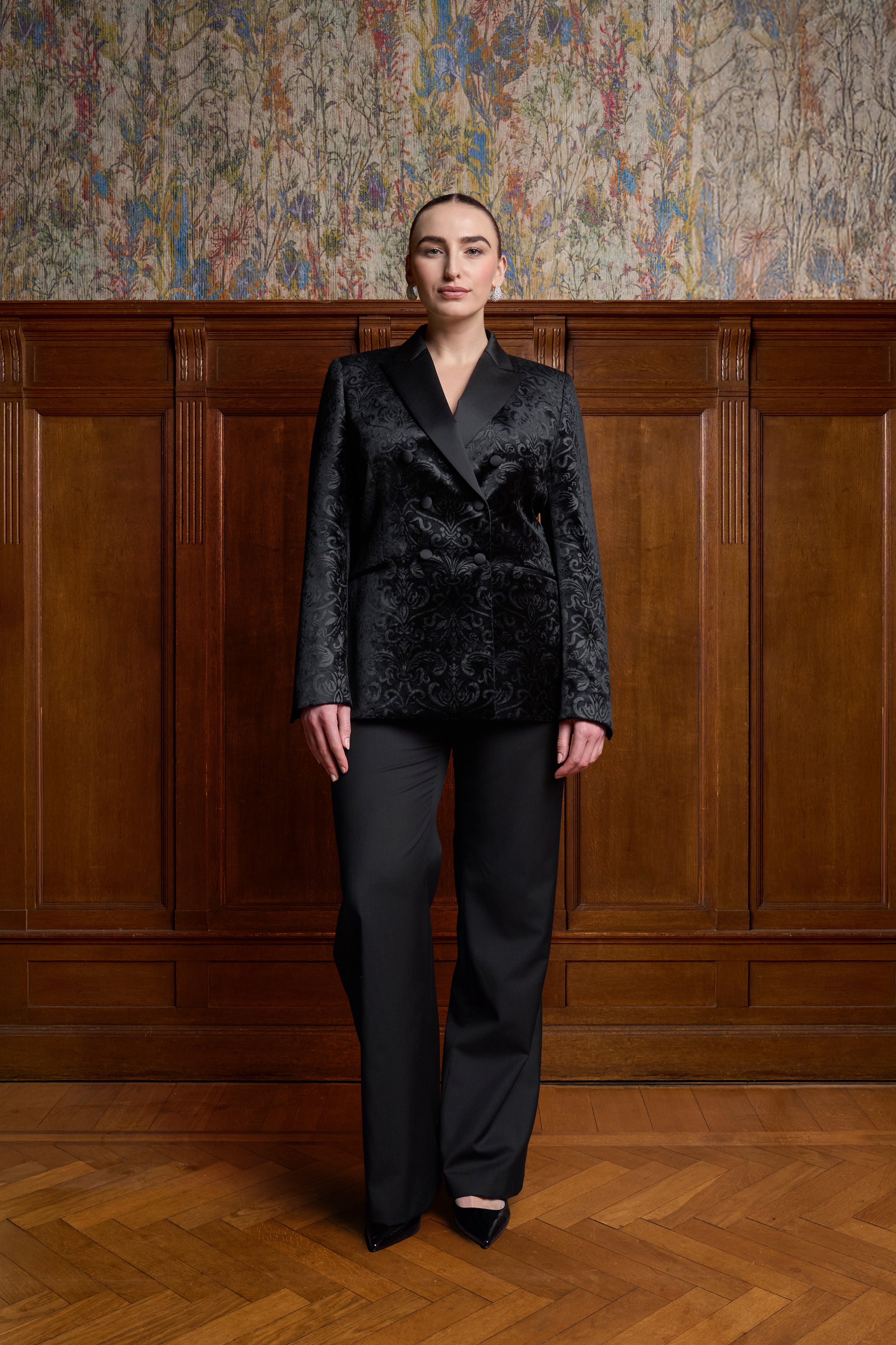 Zwarte double breasted velvet blazer met patroon