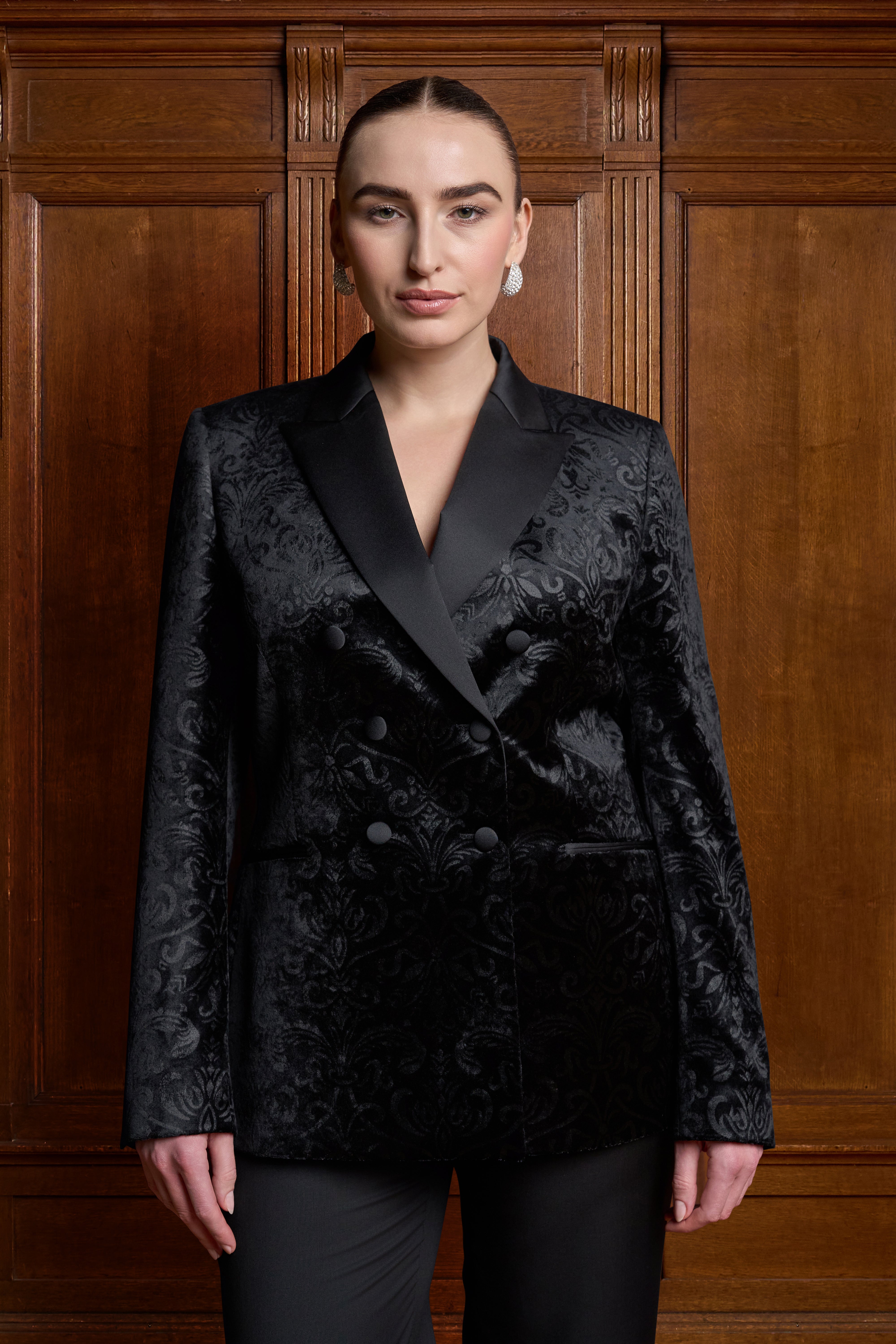 Zwarte double breasted velvet blazer met patroon